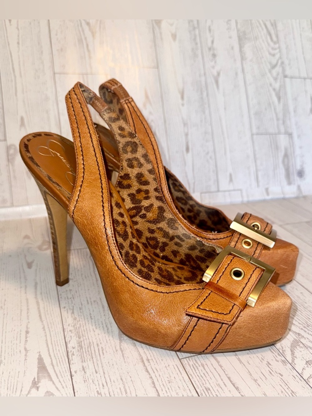Jessica Simpson - Tan Camel Slingback Peep-Toe Heels with Buckle Detail - size 7